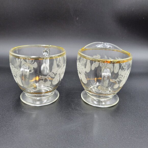 Vintage Cream And Sugar Set Clear Glass Frosted Fruit Gold Serving Kitchen Read - Picture 4 of 9